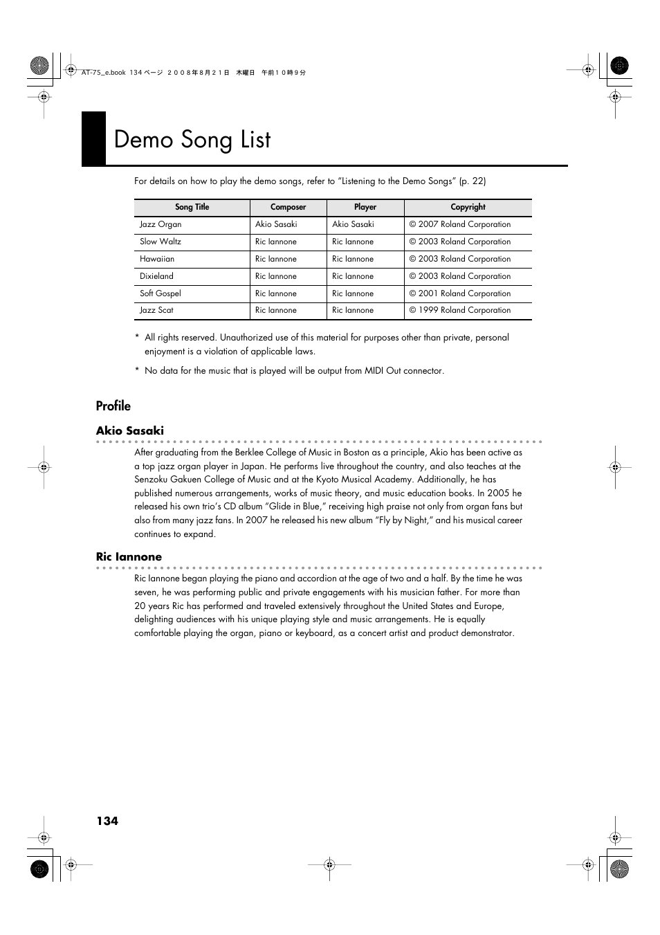 Demo song list, Profile | Roland ATELIER 5100001499 User Manual | Page 136 / 144