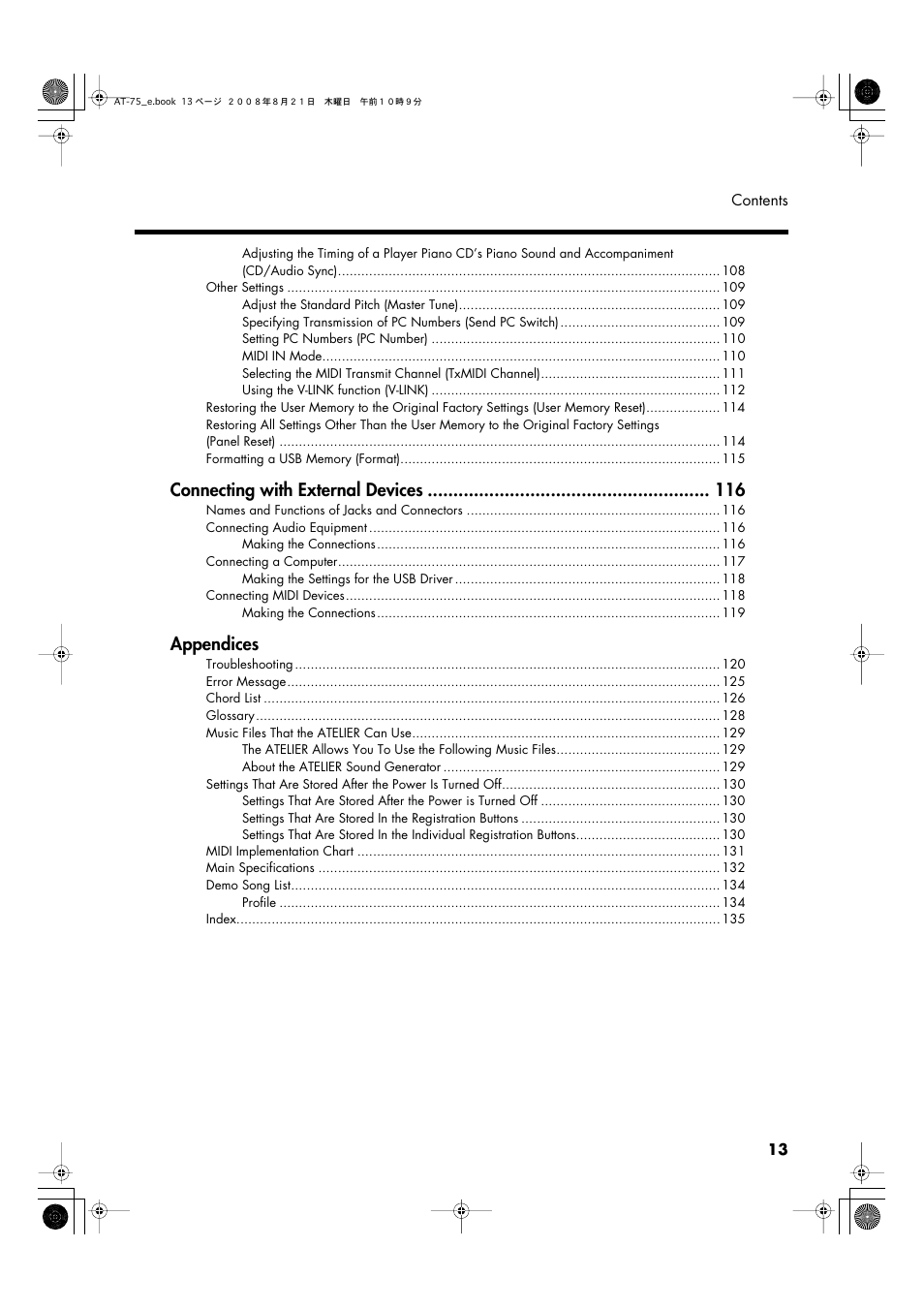 Connecting with external devices, Appendices | Roland ATELIER 5100001499 User Manual | Page 15 / 144