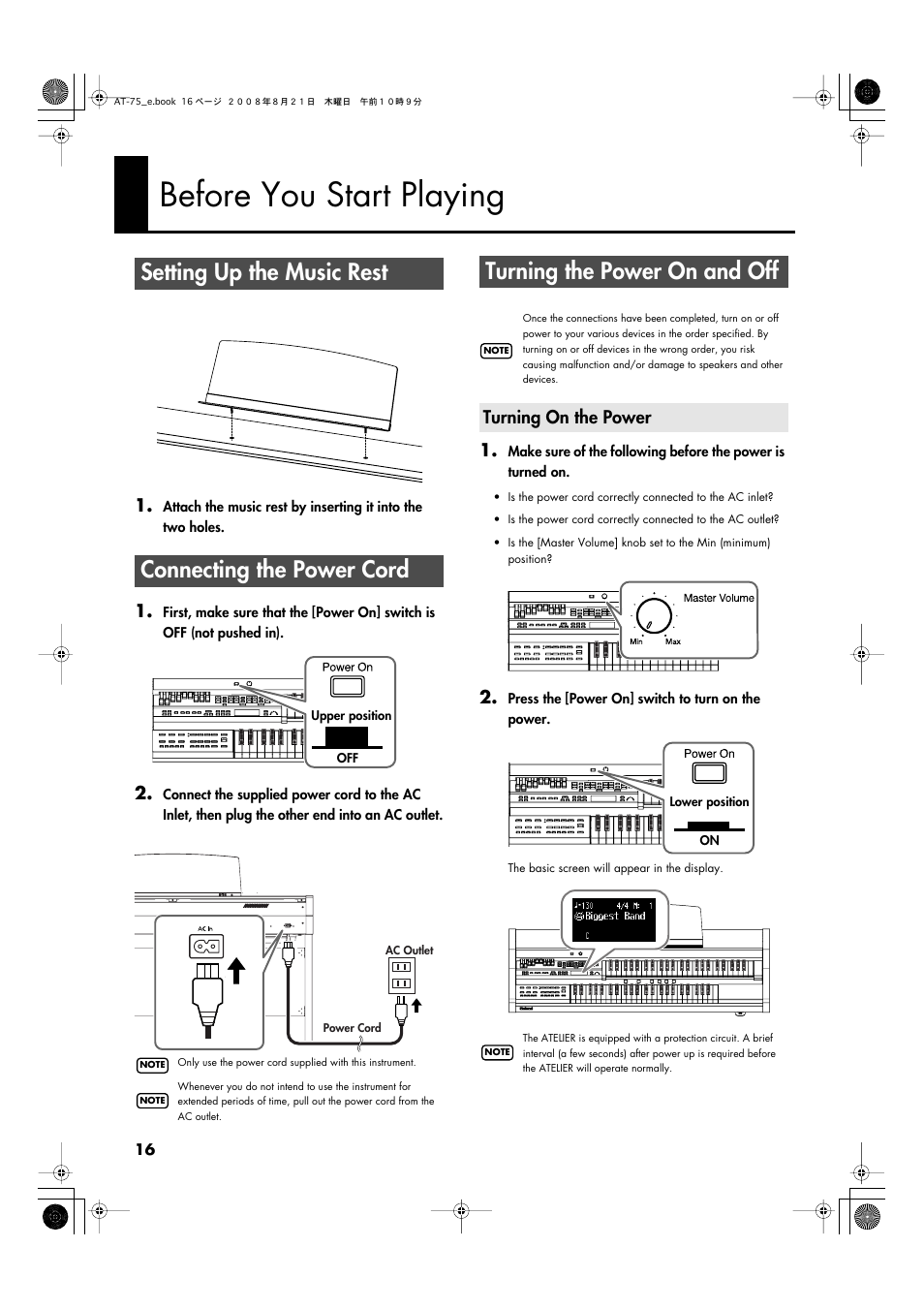 Before you start playing, Setting up the music rest, Connecting the power cord | Turning the power on and off, Turning on the power, P. 16) | Roland ATELIER 5100001499 User Manual | Page 18 / 144