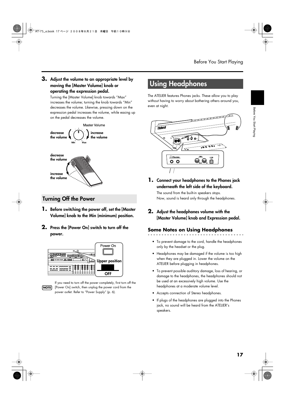 Turning off the power, Using headphones, P. 17) | Roland ATELIER 5100001499 User Manual | Page 19 / 144