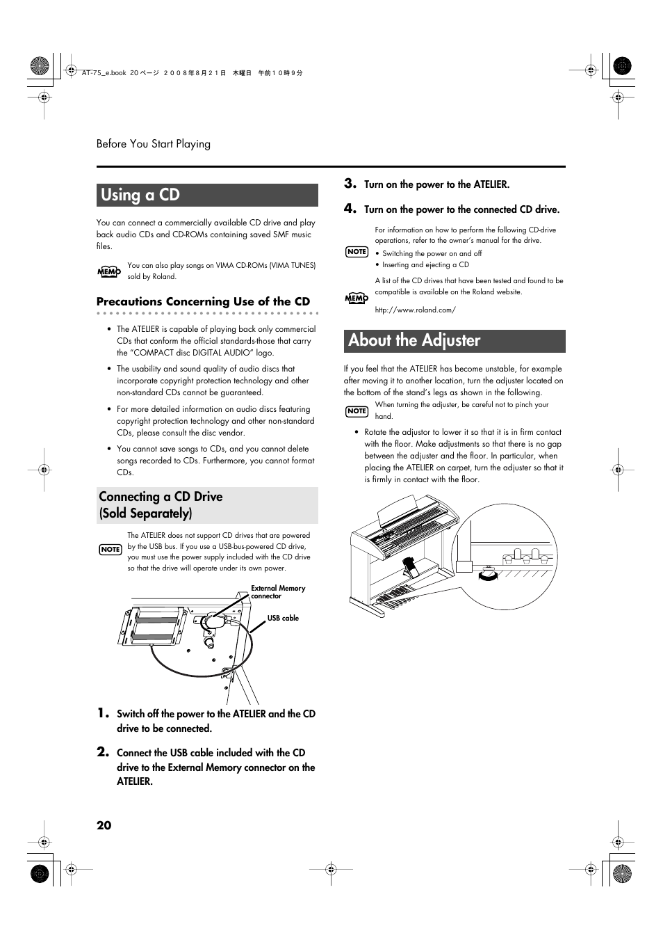 Using a cd, Connecting a cd drive (sold separately), About the adjuster | Roland ATELIER 5100001499 User Manual | Page 22 / 144