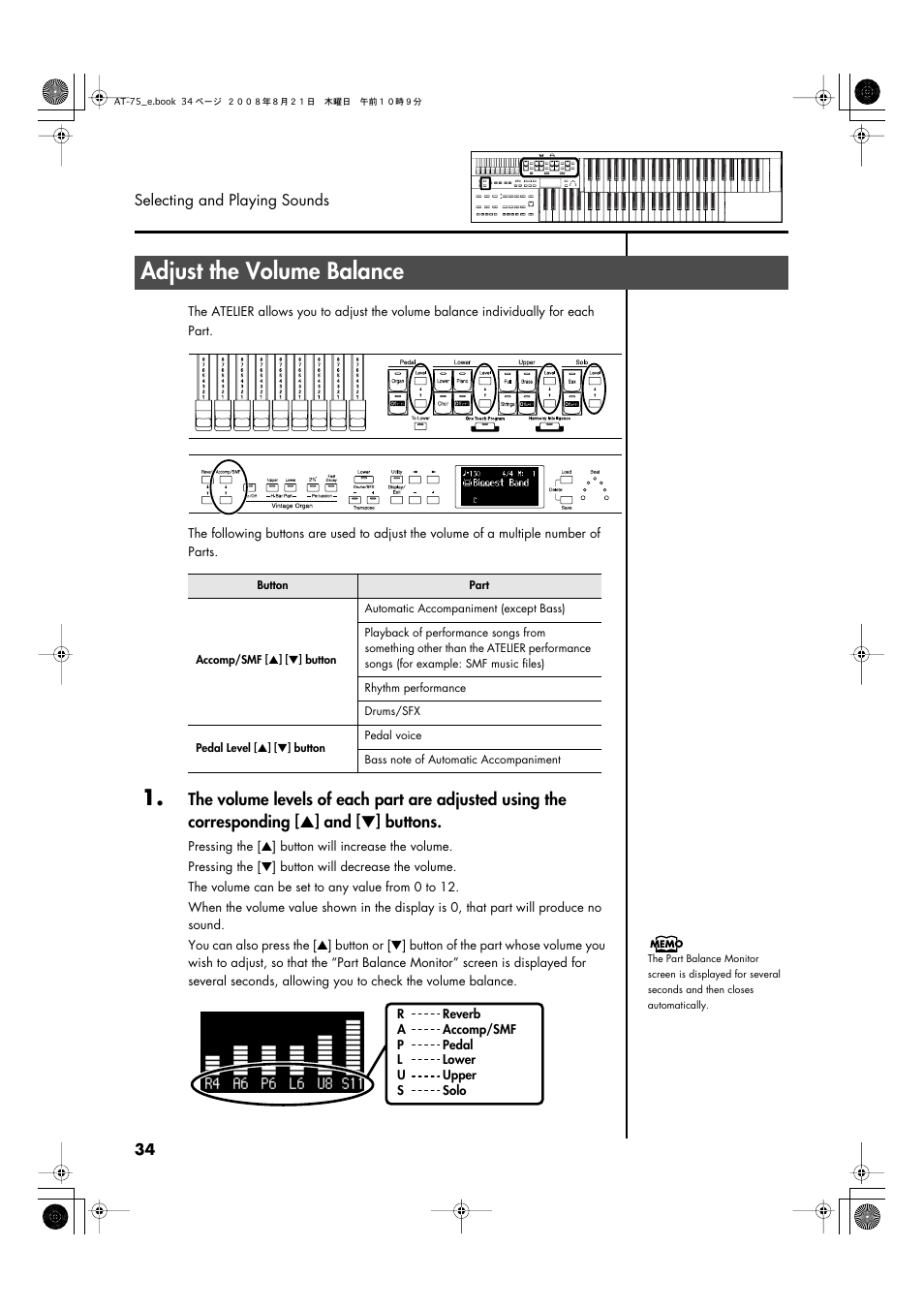 Adjust the volume balance, P. 34), P. 34, p. 78) | Roland ATELIER 5100001499 User Manual | Page 36 / 144