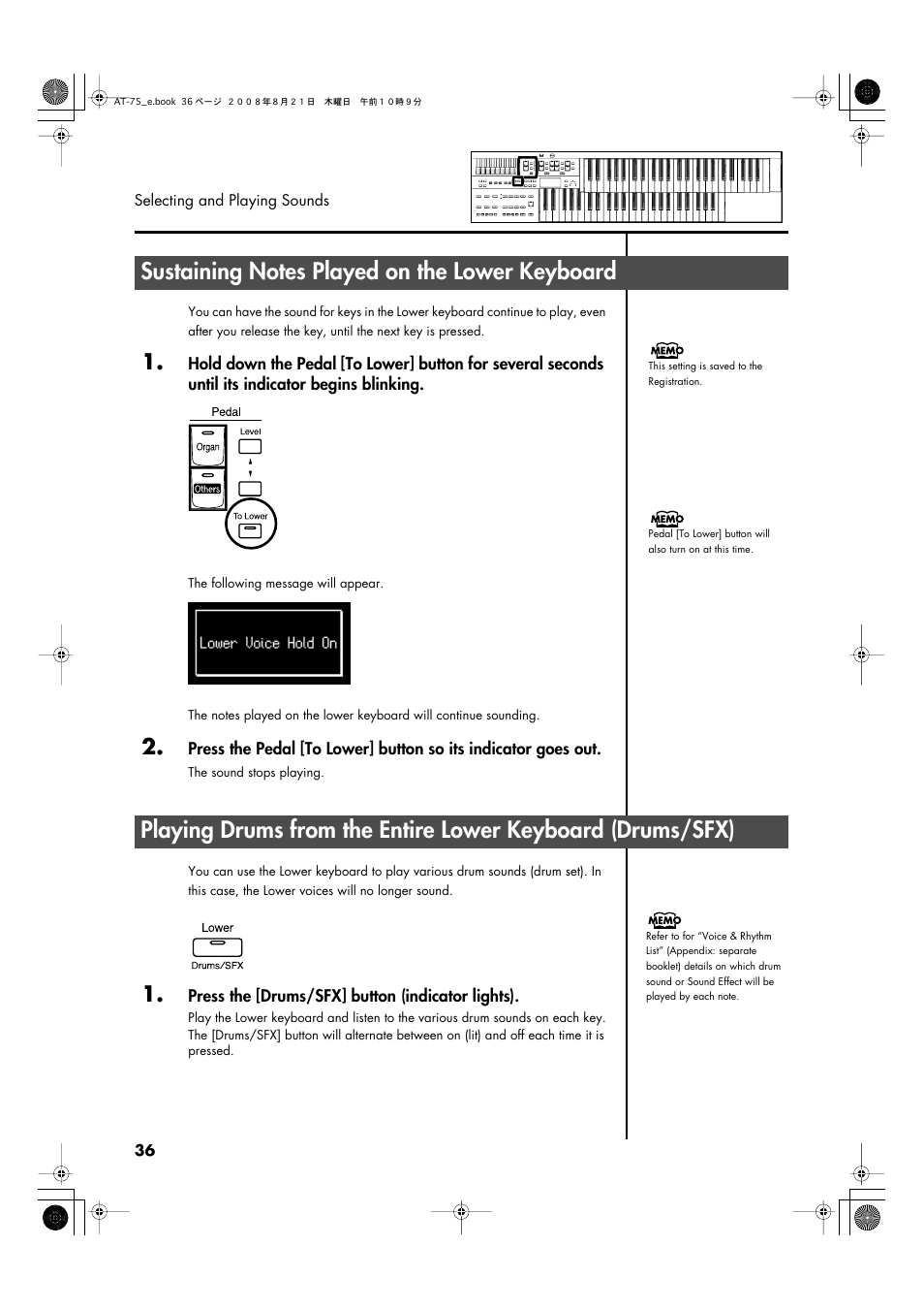 Sustaining notes played on the lower keyboard, P. 36, p. 40), P. 36) | Roland ATELIER 5100001499 User Manual | Page 38 / 144