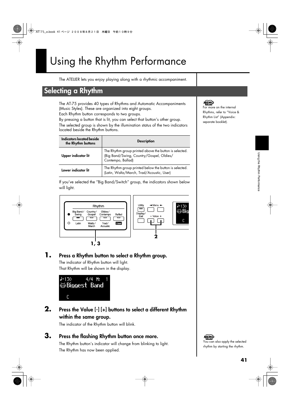 Using the rhythm performance, Selecting a rhythm, P. 41) | Roland ATELIER 5100001499 User Manual | Page 43 / 144