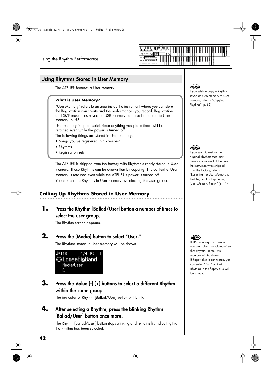 Using rhythms stored in user memory | Roland ATELIER 5100001499 User Manual | Page 44 / 144