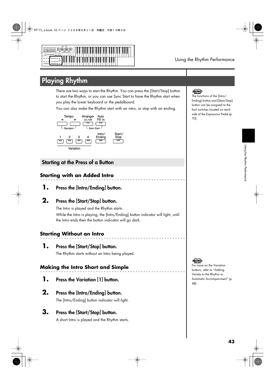 Playing rhythm, Starting at the press of a button, P. 43) | Roland ATELIER 5100001499 User Manual | Page 45 / 144