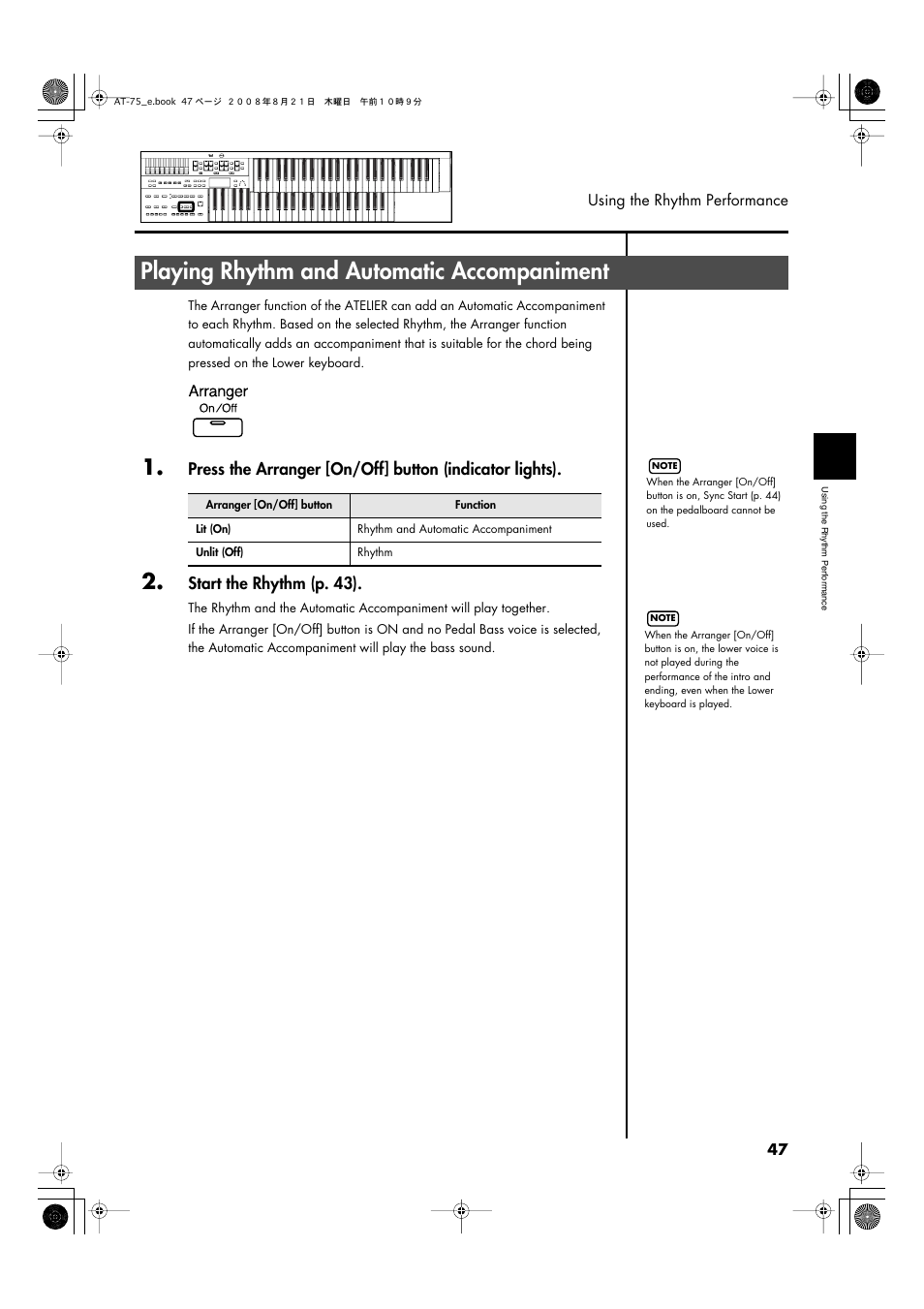 Playing rhythm and automatic accompaniment, P. 47), Start the rhythm (p. 43) | Roland ATELIER 5100001499 User Manual | Page 49 / 144