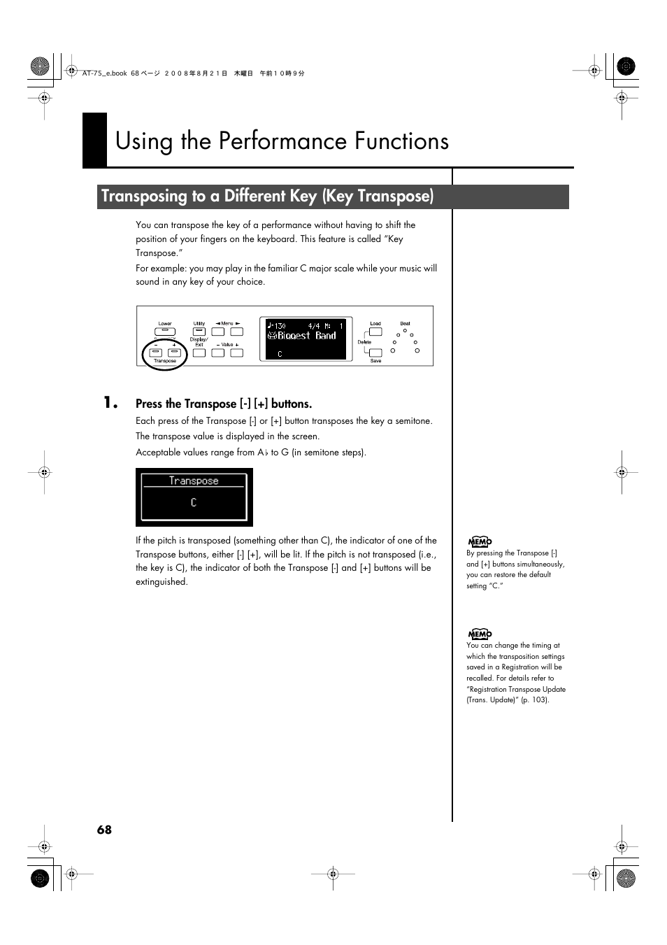 Using the performance functions, Transposing to a different key (key transpose), P. 68) | Roland ATELIER 5100001499 User Manual | Page 70 / 144