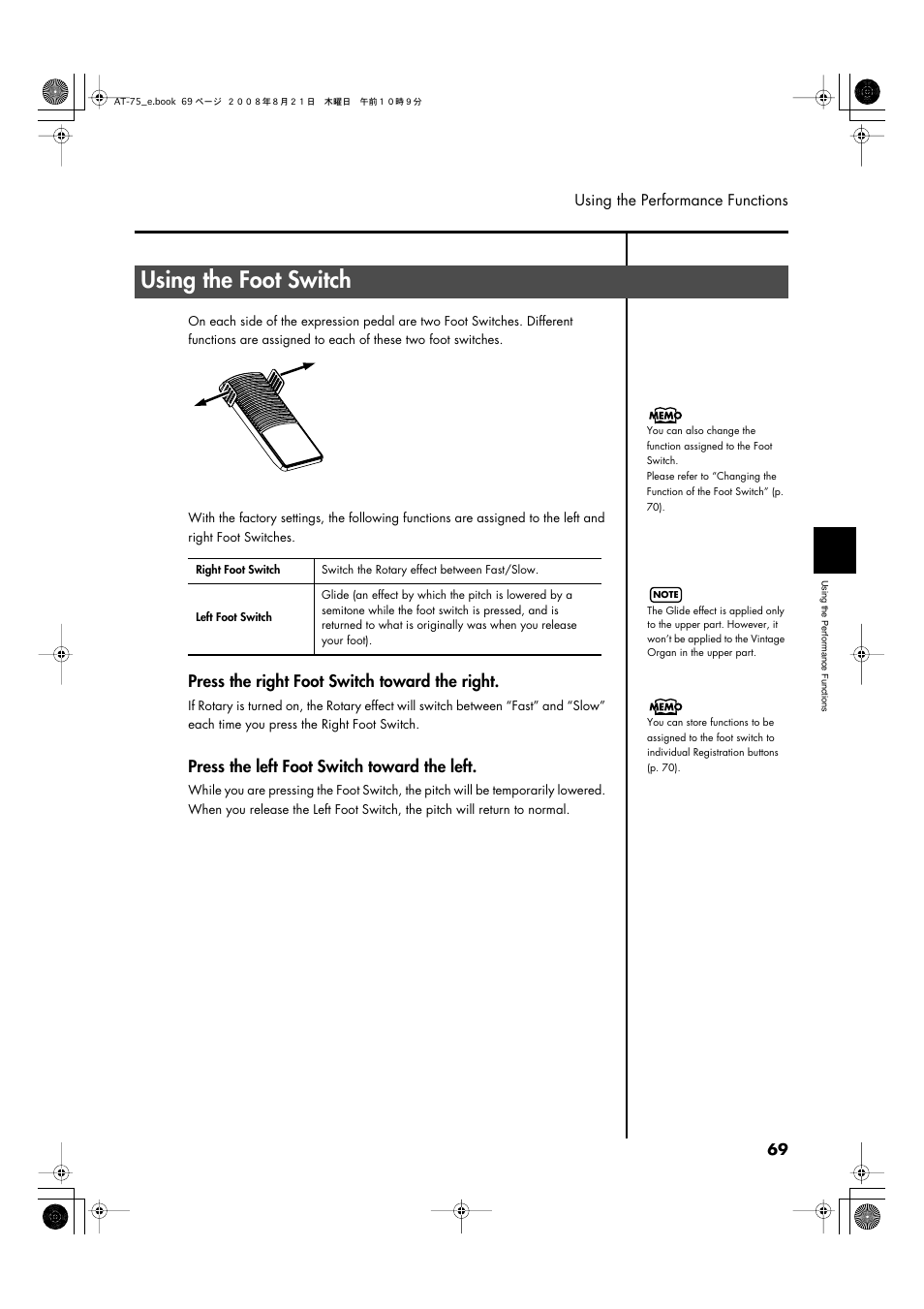 Using the foot switch, Press the right foot switch toward the right, Press the left foot switch toward the left | Roland ATELIER 5100001499 User Manual | Page 71 / 144