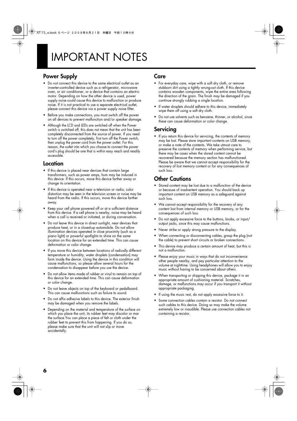 Important notes, Power supply, Location | Care, Servicing, Other cautions | Roland ATELIER 5100001499 User Manual | Page 8 / 144