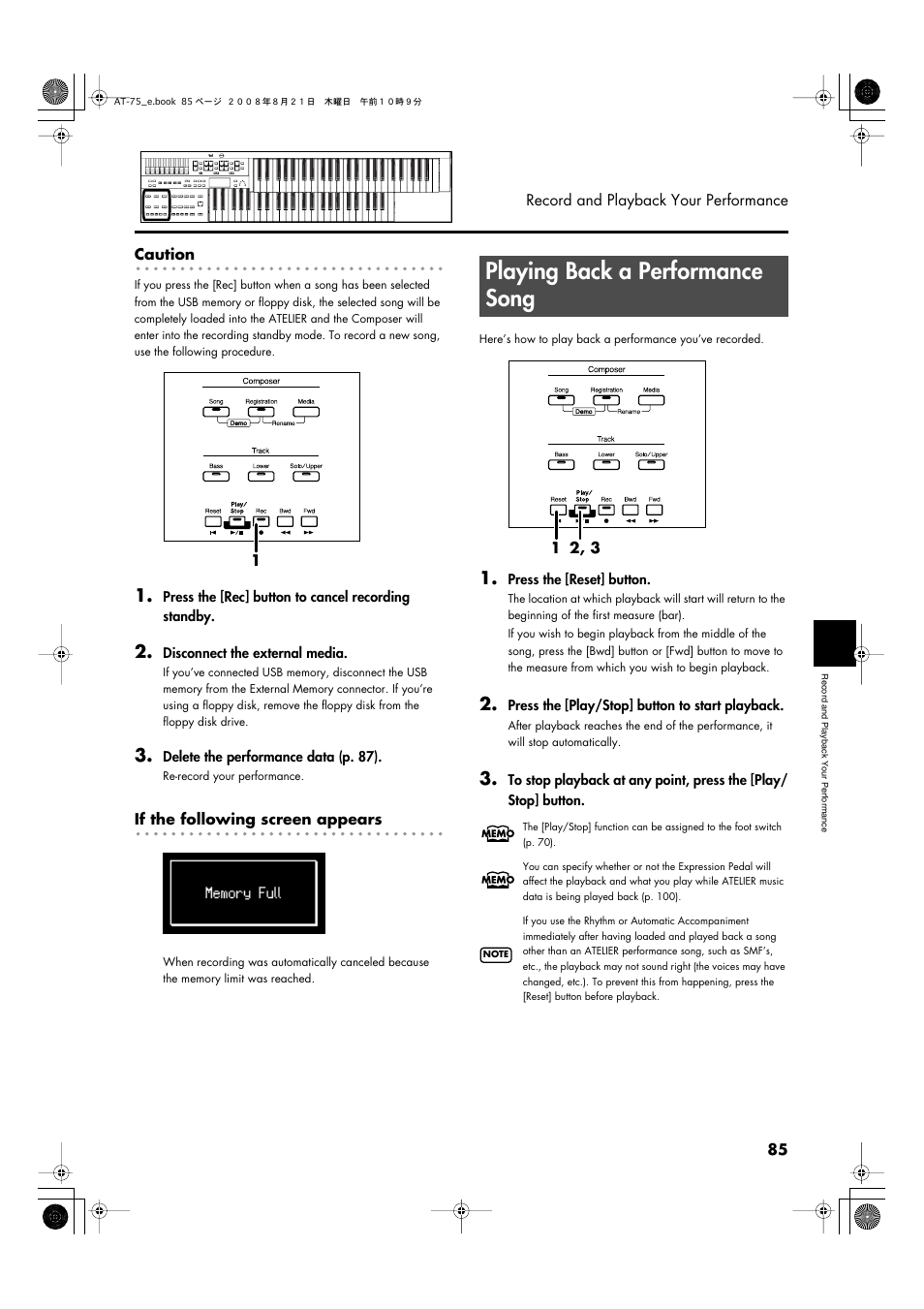 Playing back a performance song | Roland ATELIER 5100001499 User Manual | Page 87 / 144