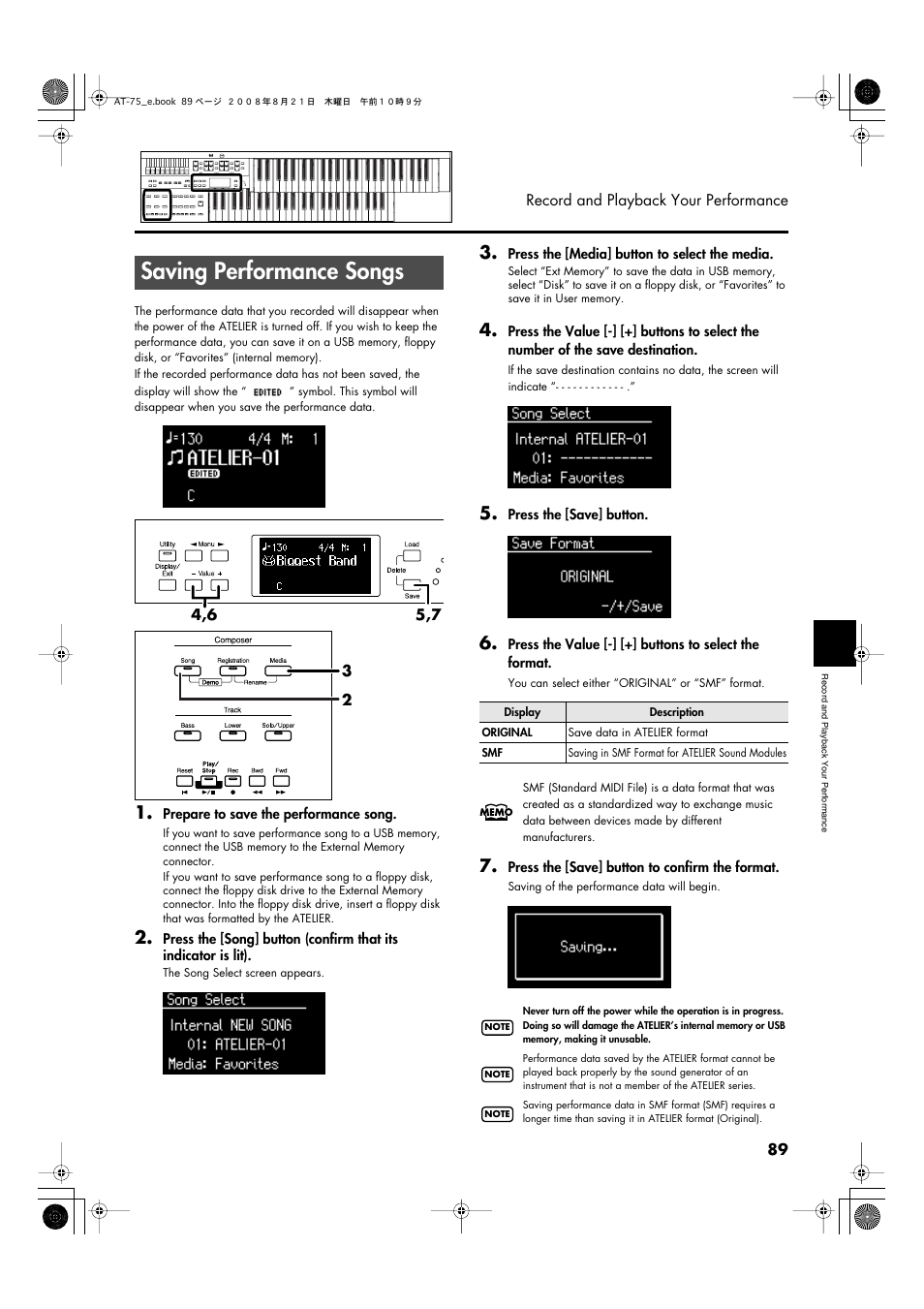 Saving performance songs, P. 61, p. 89) | Roland ATELIER 5100001499 User Manual | Page 91 / 144