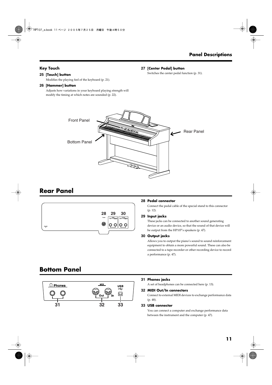 Rear panel, Bottom panel | Roland HP107 User Manual | Page 11 / 64