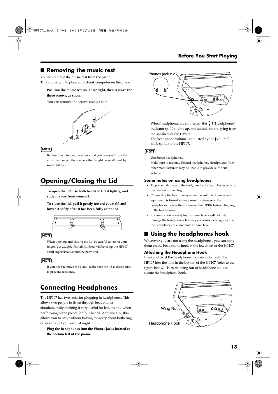 Removing the music rest, Opening/closing the lid, Connecting headphones | Using the headphones hook, Headphone jack (p. 13), A set of headphones can be connected here (p. 13) | Roland HP107 User Manual | Page 13 / 64