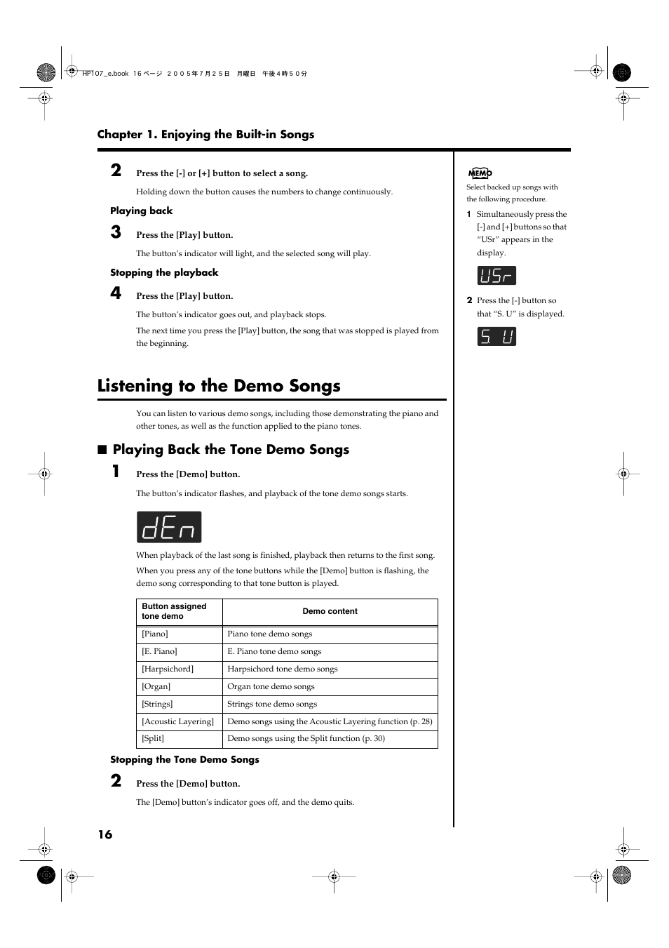 Listening to the demo songs, Playing back the tone demo songs, Demo of the various functions (p. 16) | Roland HP107 User Manual | Page 16 / 64