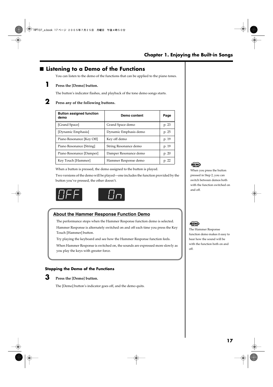 Listening to a demo of the functions | Roland HP107 User Manual | Page 17 / 64