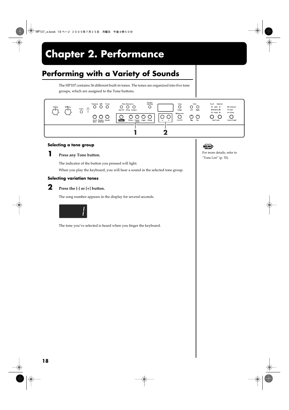 Chapter 2. performance, Performing with a variety of sounds, By the keyboard (p. 18) | Roland HP107 User Manual | Page 18 / 64