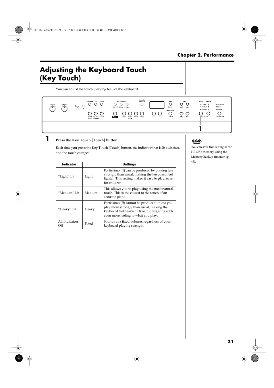 Adjusting the keyboard touch (key touch), Modifies the playing feel of the keyboard (p. 21) | Roland HP107 User Manual | Page 21 / 64