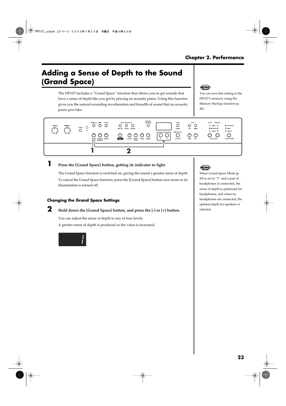 Adding a sense of depth to the sound (grand space), Adds a sense of depth to the sound (p. 23, p. 24), P. 23 | Roland HP107 User Manual | Page 23 / 64