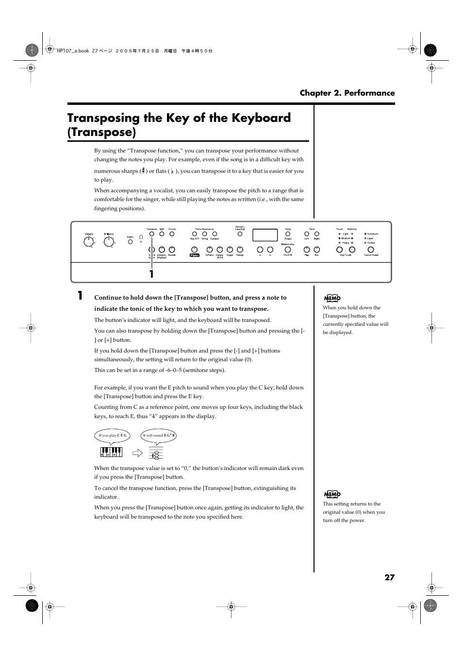 Transposing the key of the keyboard (transpose), Transposes the pitch of the keyboard (p. 27) | Roland HP107 User Manual | Page 27 / 64