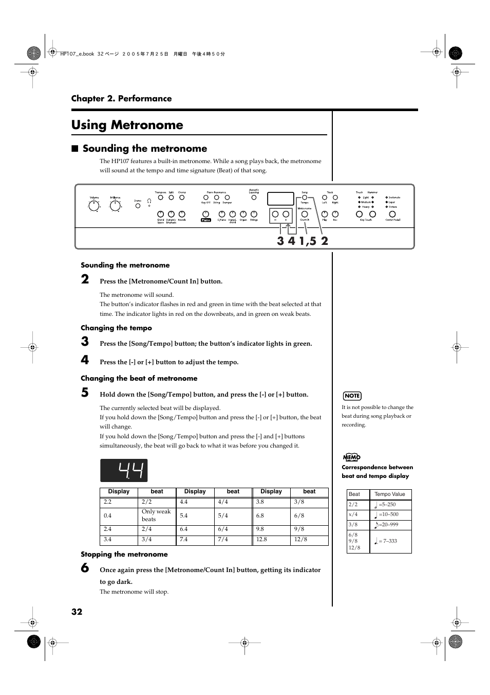 Using metronome, Sounding the metronome | Roland HP107 User Manual | Page 32 / 64