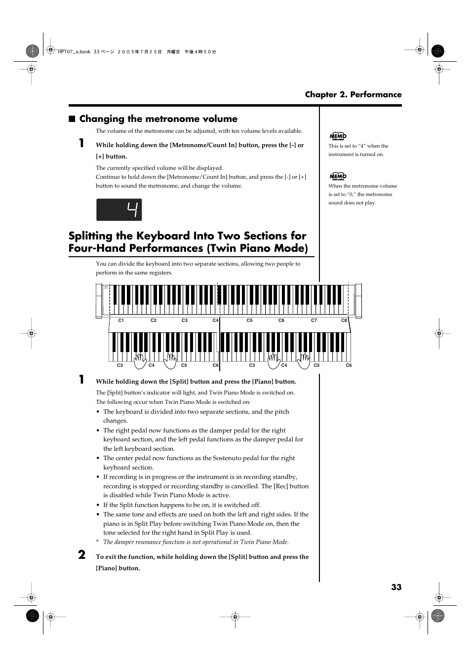 Changing the metronome volume | Roland HP107 User Manual | Page 33 / 64