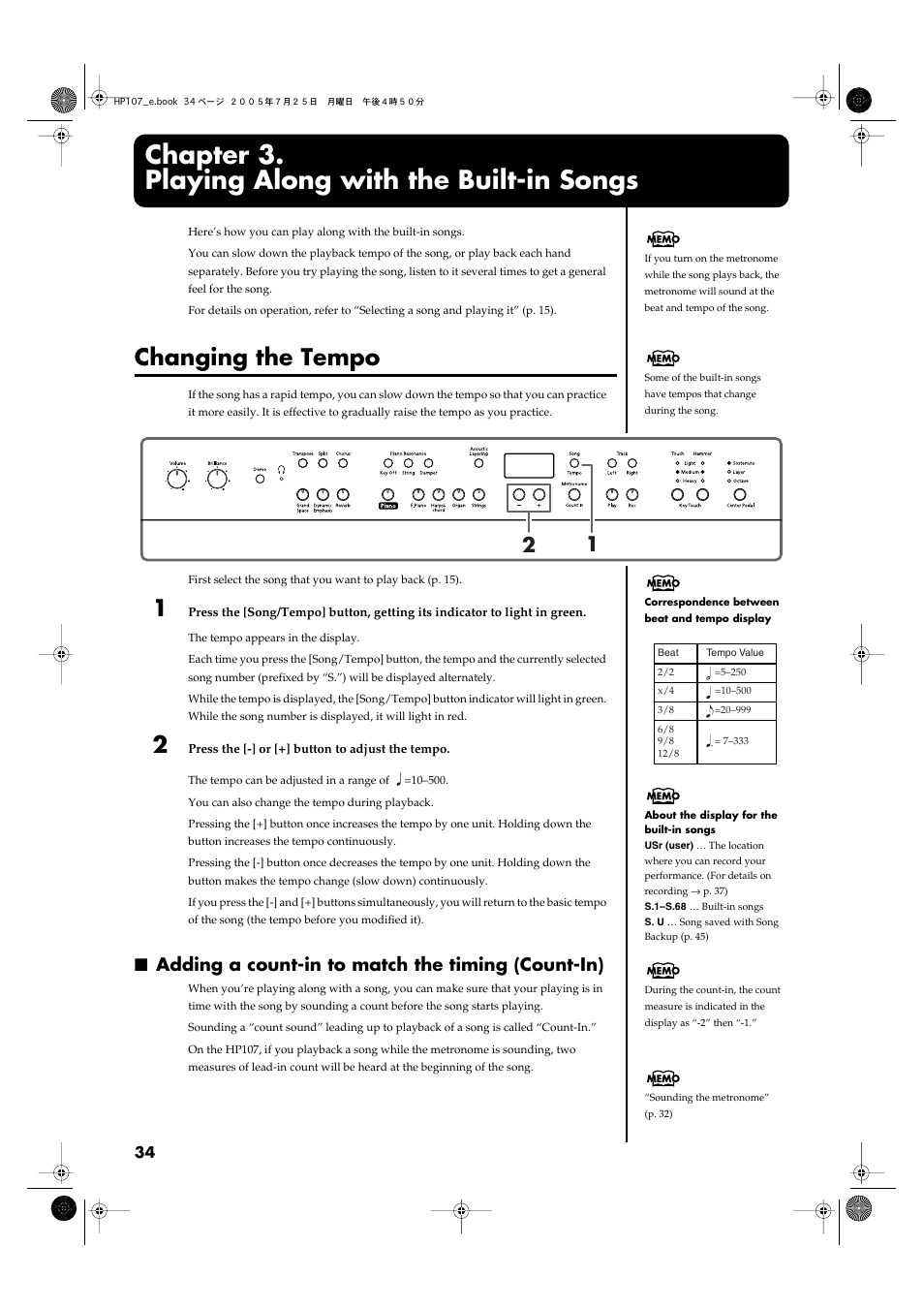 Chapter 3. playing along with the built-in songs, Changing the tempo, Adding a count-in to match the timing (count-in) | Chapter 3, Playing along with the built-in songs, Chapter 3. playing along, With the built-in songs” (p, 34), “tone list” (p. 52) | Roland HP107 User Manual | Page 34 / 64