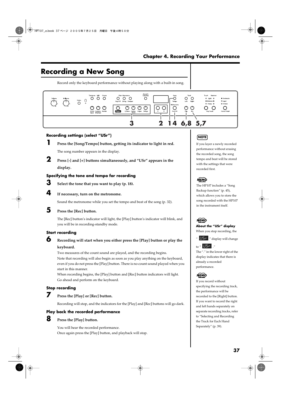 Recording a new song, P. 37), Recording a new song” p | Roland HP107 User Manual | Page 37 / 64