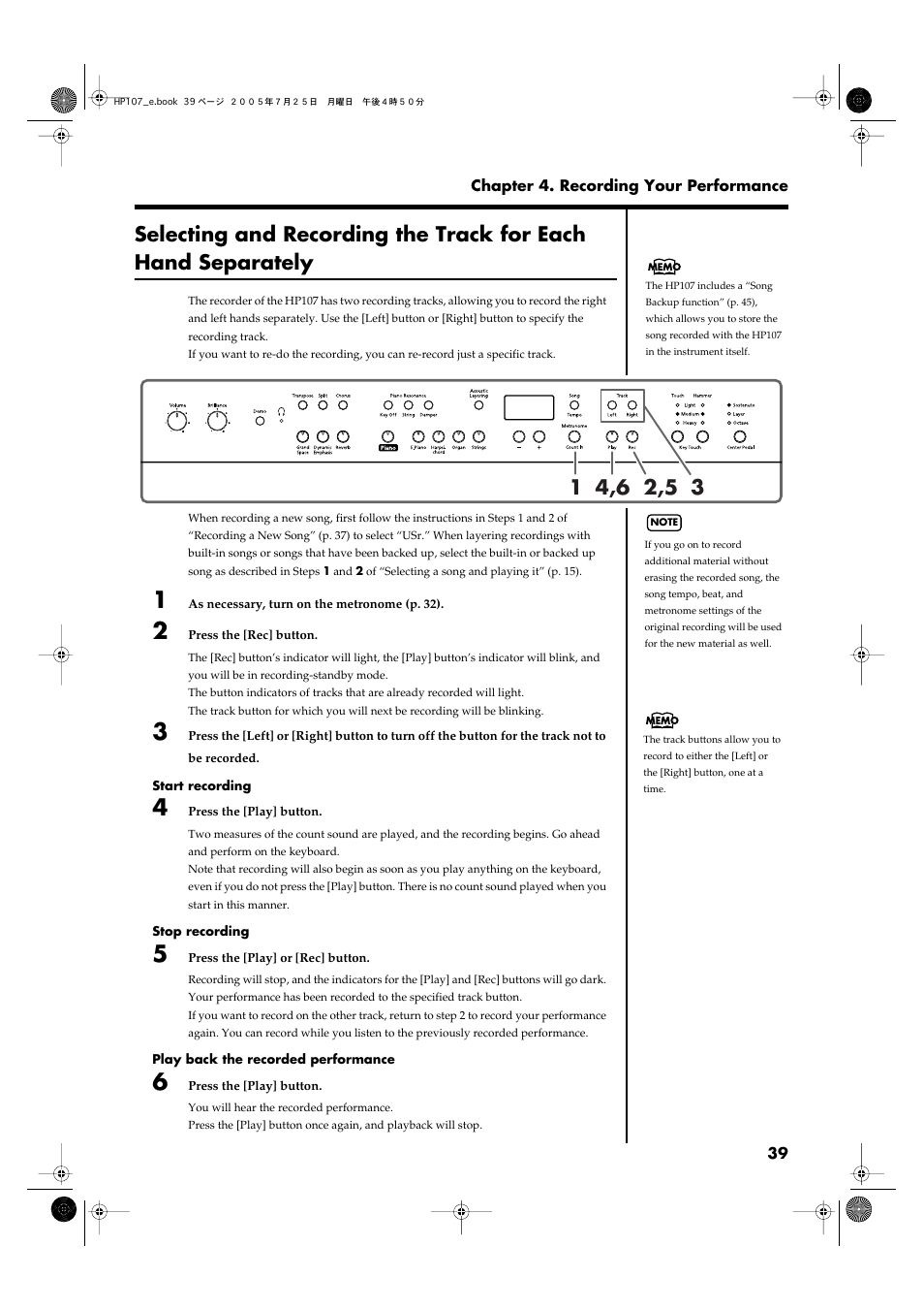 Selecting and recording the track for each, Hand separately” p. 39), To “selecting and recording | The track for each hand, Separately” (p. 39) | Roland HP107 User Manual | Page 39 / 64