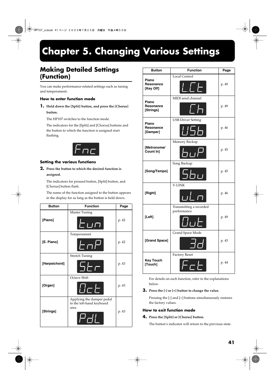 Chapter 5. changing various settings, Making detailed settings (function) | Roland HP107 User Manual | Page 41 / 64