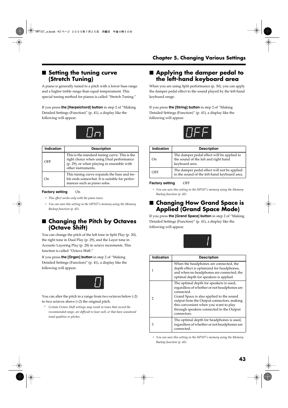Setting the tuning curve (stretch tuning), Changing the pitch by octaves (octave shift), When grand space mode (p | 43) is set to “1” and a pair of, Layer tone in octave steps (p, P. 43 | Roland HP107 User Manual | Page 43 / 64