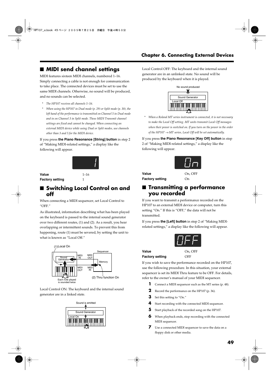 Midi send channel settings, Switching local control on and off, Transmitting a performance you recorded | P. 49, 49 chapter 6. connecting external devices | Roland HP107 User Manual | Page 49 / 64