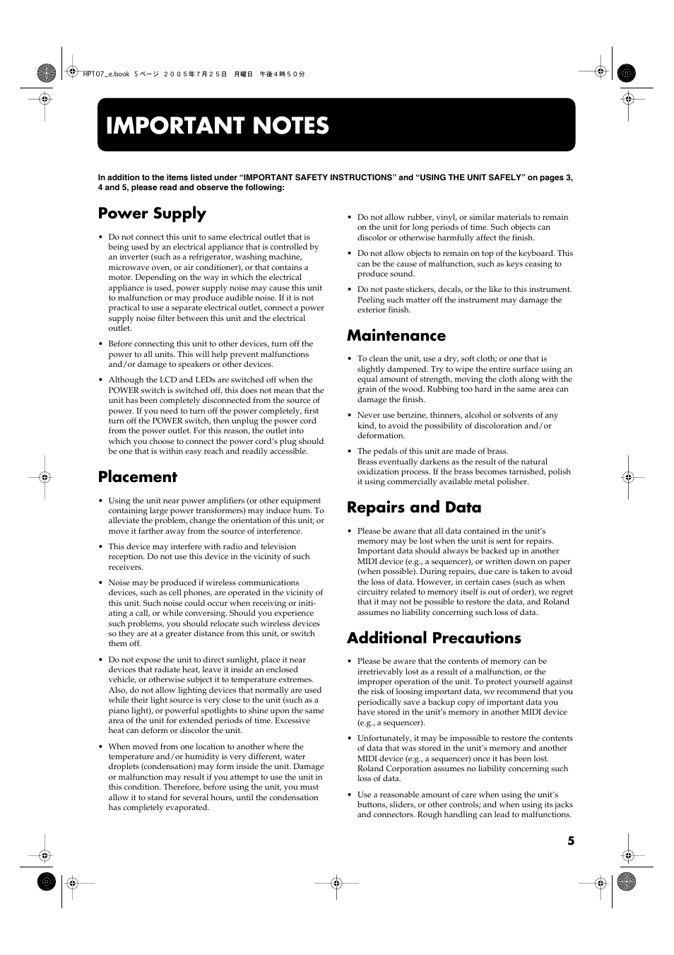 Important notes, Power supply, Placement | Maintenance, Repairs and data, Additional precautions | Roland HP107 User Manual | Page 5 / 64
