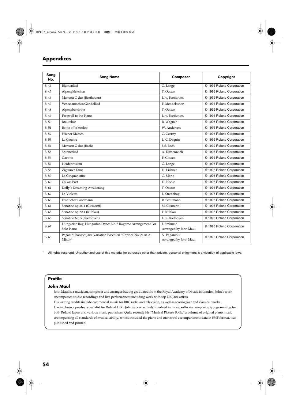 54 appendices | Roland HP107 User Manual | Page 54 / 64