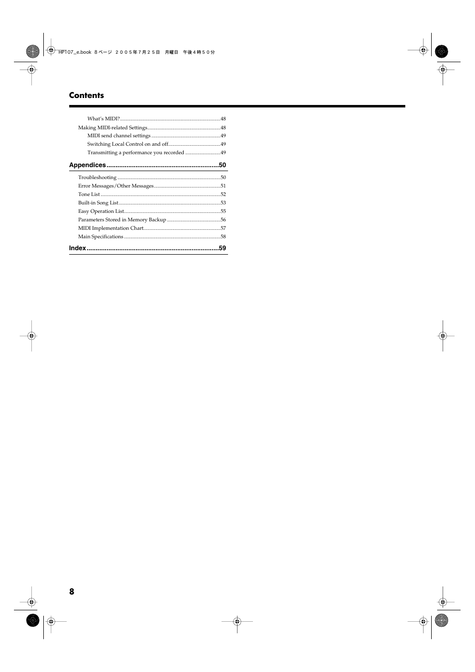 8 contents | Roland HP107 User Manual | Page 8 / 64