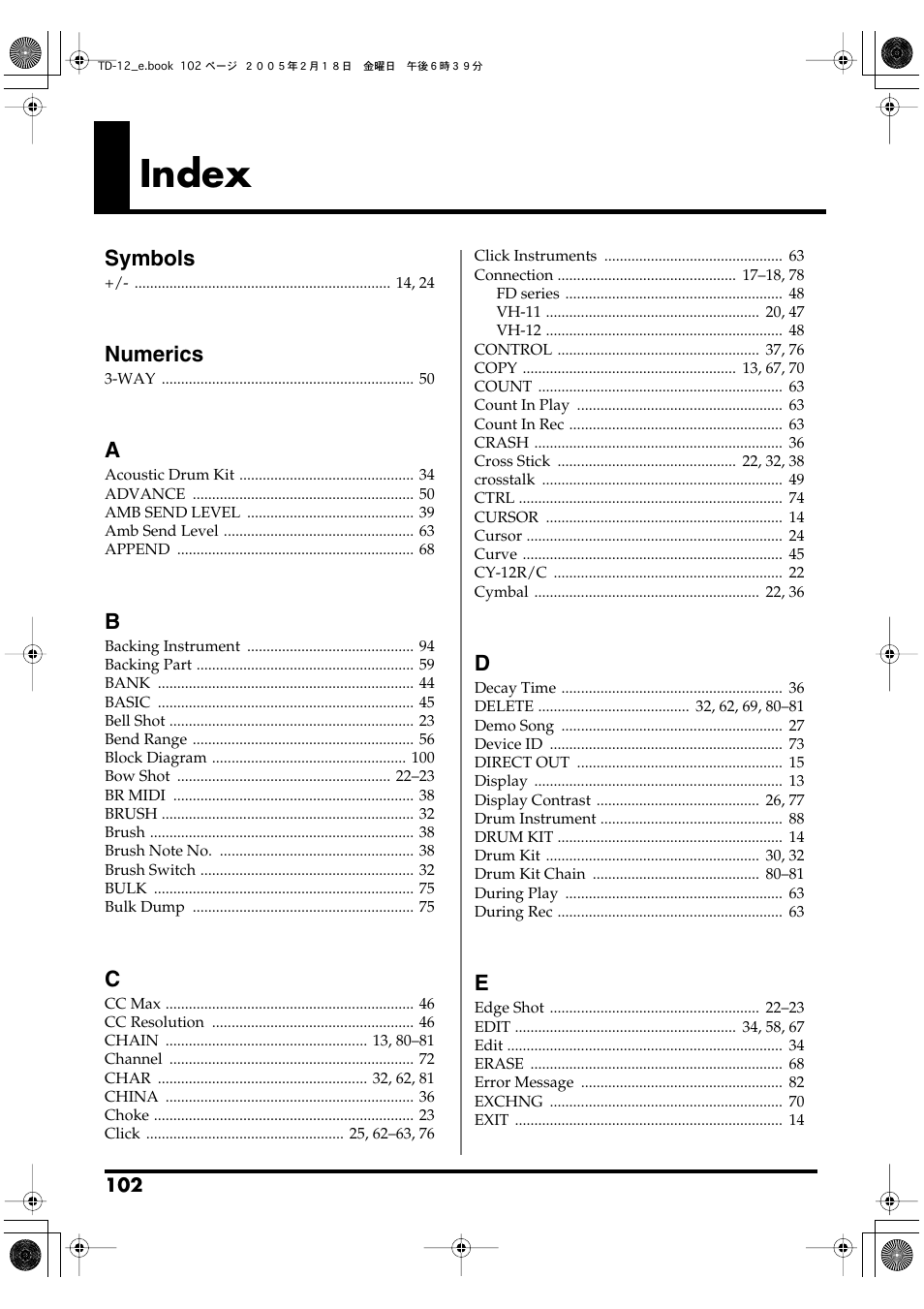 Index | Roland TD-12 User Manual | Page 102 / 108