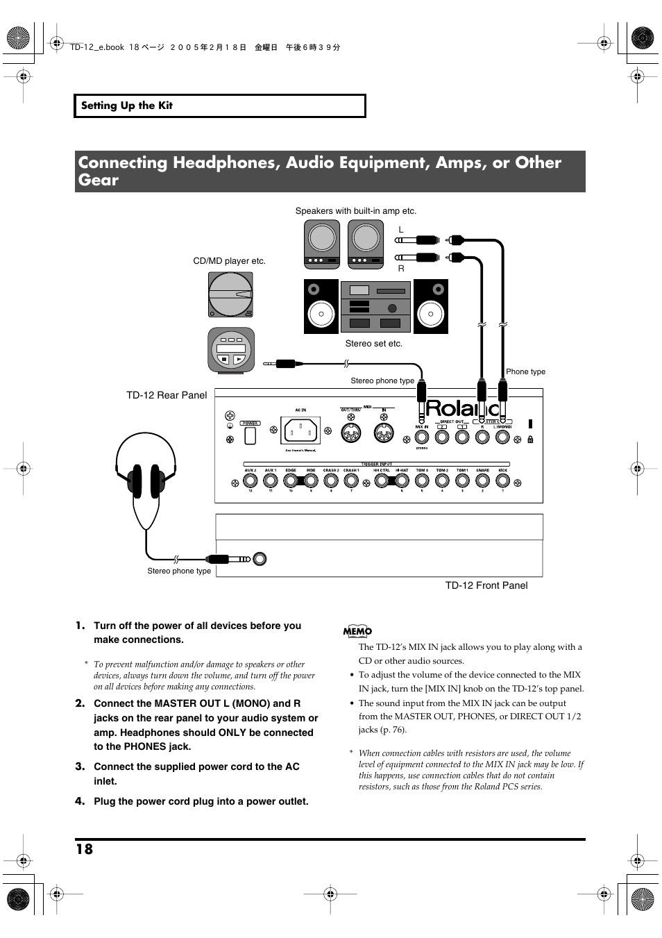 From the master out jacks (p. 18) | Roland TD-12 User Manual | Page 18 / 108