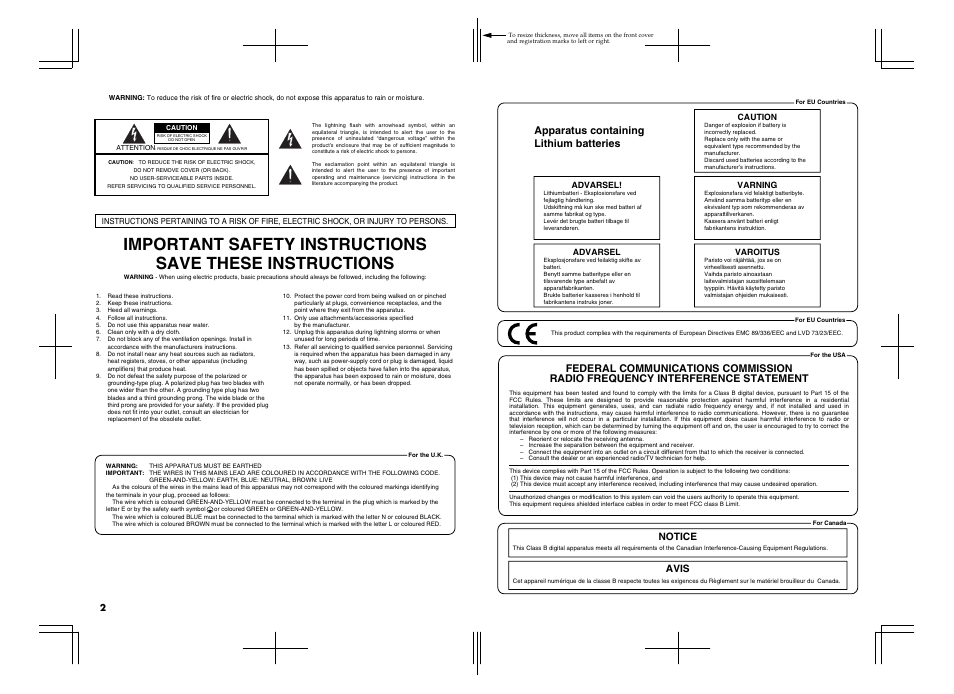 Apparatus containing lithium batteries, Notice avis, Advarsel | Varning, Caution, Varoitus | Roland TD-12 User Manual | Page 2 / 108