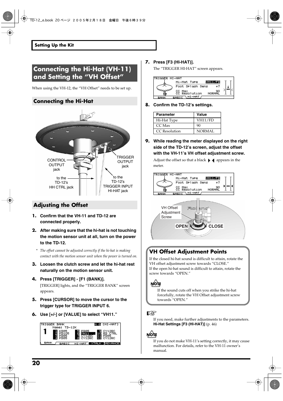 Connecting the hi-hat, Adjusting the offset, Connecting the hi-hat adjusting the offset | Vh offset adjustment points | Roland TD-12 User Manual | Page 20 / 108