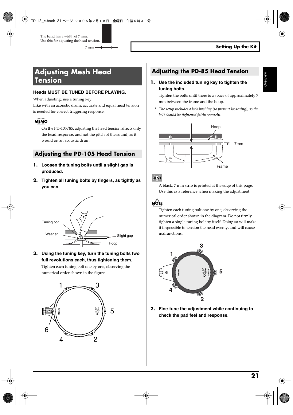 Adjusting mesh head tension, Adjusting the pd-105 head tension, Adjusting the pd-85 head tension | Roland TD-12 User Manual | Page 21 / 108