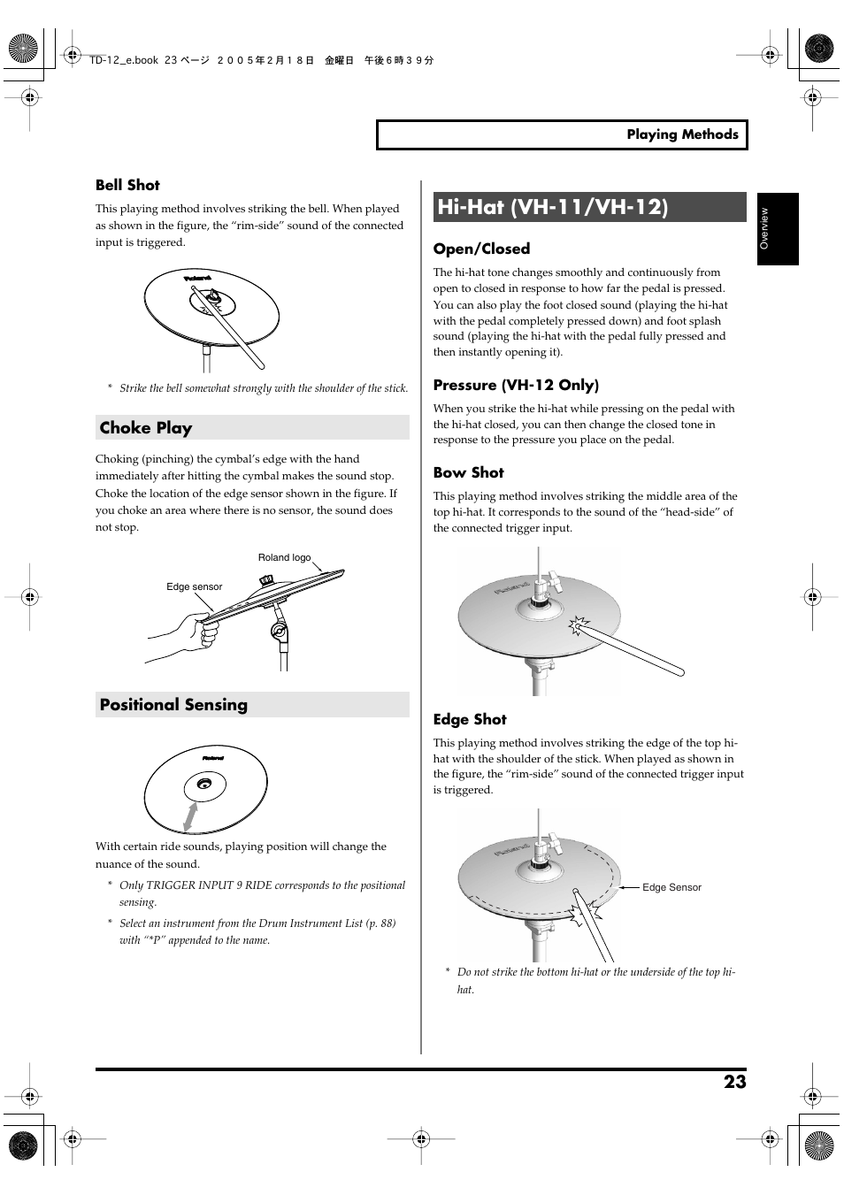 Choke play, Positional sensing, Hi-hat (vh-11/vh-12) | Choke play positional sensing, P. 23) | Roland TD-12 User Manual | Page 23 / 108