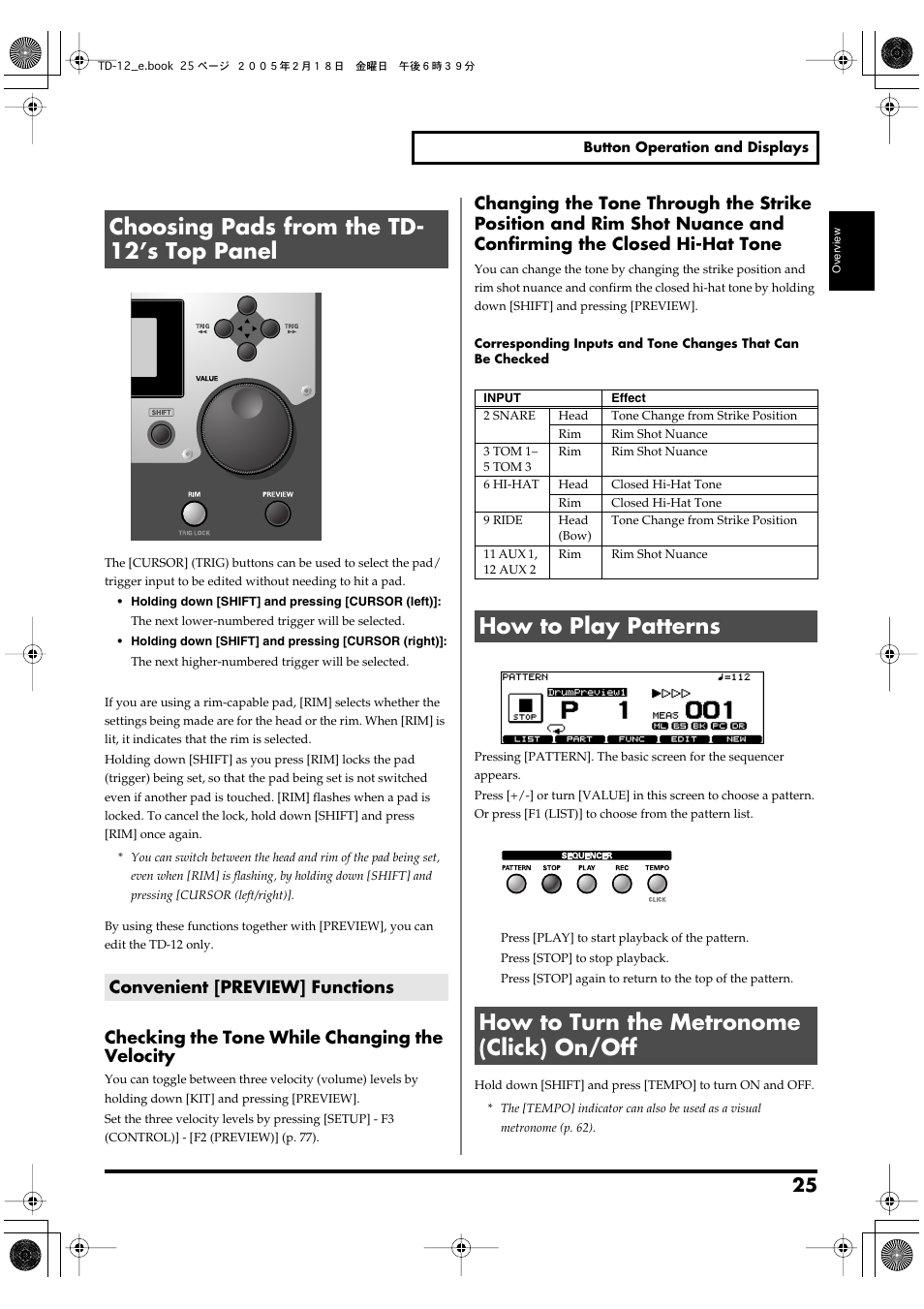 Choosing pads from the td- 12’s top panel, Convenient [preview] functions, How to play patterns | How to turn the metronome (click) on/off, Choosing pads from the td-12’s top panel, P. 25), After you have played a pad/pedal (p. 25), Checking the tone while changing the velocity | Roland TD-12 User Manual | Page 25 / 108
