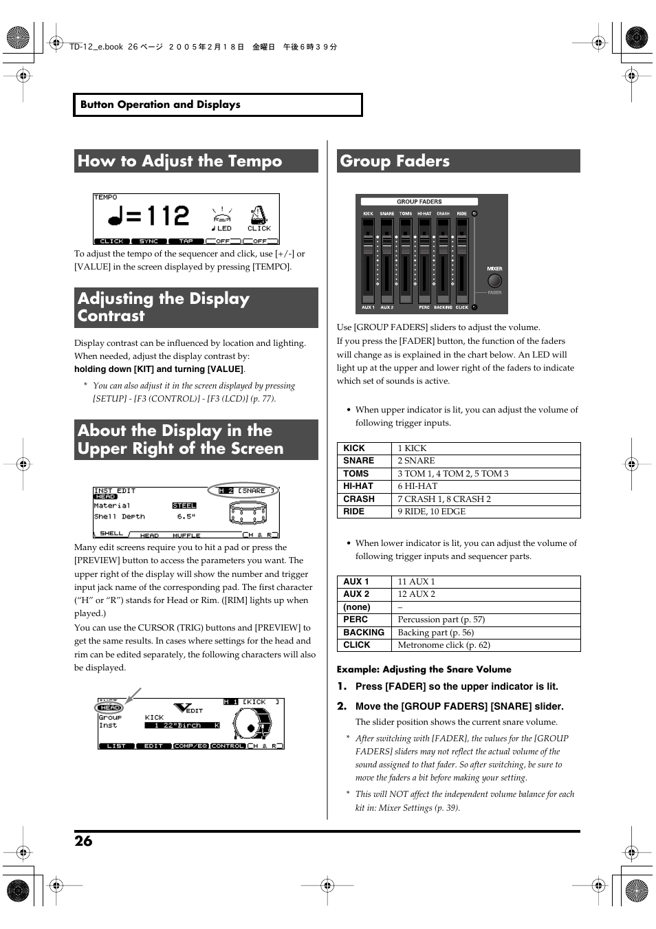 How to adjust the tempo, Adjusting the display contrast, About the display in the upper right of the screen | Group faders, P. 26) | Roland TD-12 User Manual | Page 26 / 108