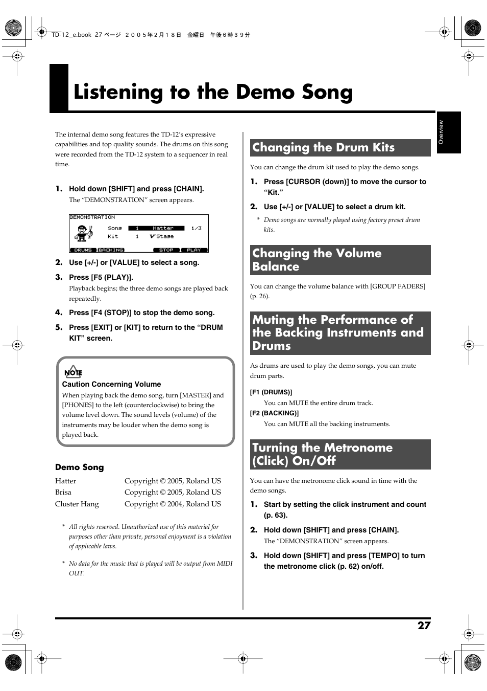 Listening to the demo song, Changing the drum kits, Changing the volume balance | Turning the metronome (click) on/off | Roland TD-12 User Manual | Page 27 / 108