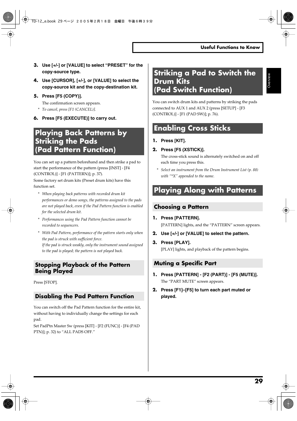 Stopping playback of the pattern being played, Disabling the pad pattern function, Enabling cross sticks | Playing along with patterns, Choosing a pattern, Muting a specific part, Choosing a pattern muting a specific part | Roland TD-12 User Manual | Page 29 / 108