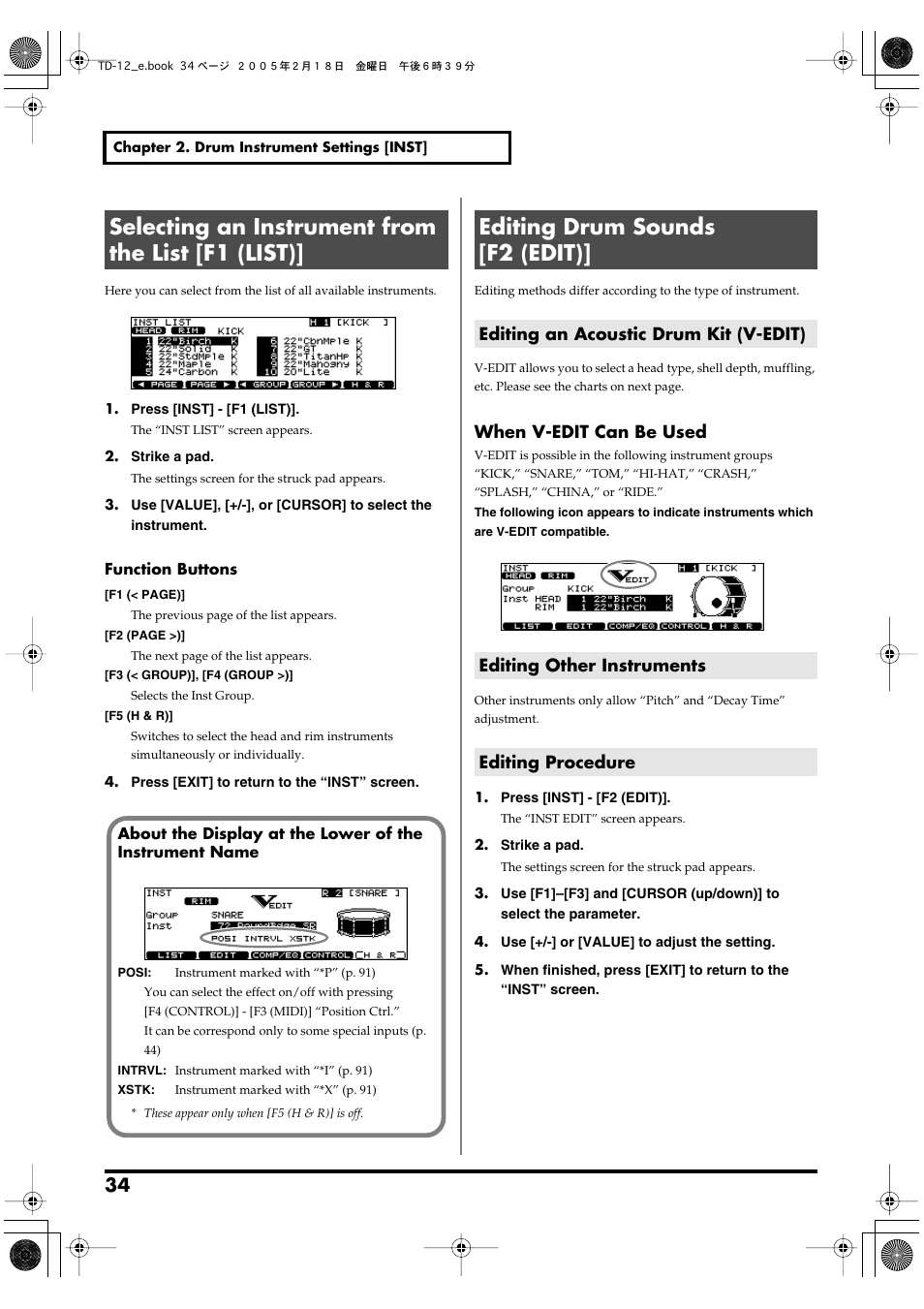 Selecting an instrument from the list [f1 (list), Editing drum sounds [f2 (edit), Editing an acoustic drum kit (v-edit) | Editing other instruments, Editing procedure, When v-edit can be used | Roland TD-12 User Manual | Page 34 / 108