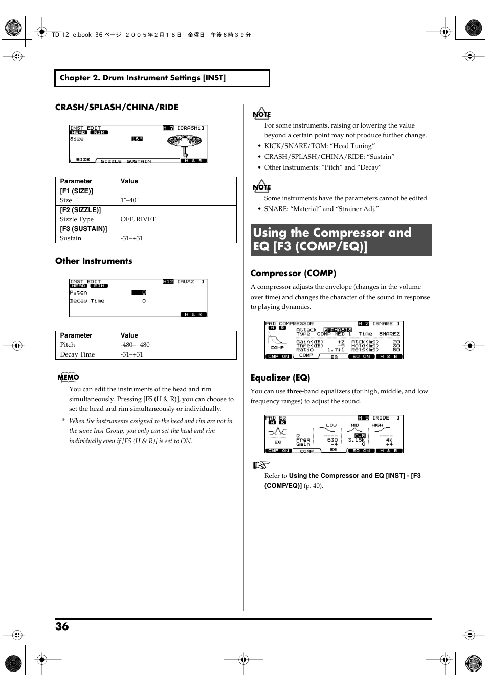 Using the compressor and eq [f3 (comp/eq), Crash/splash/china/ride, Other instruments | Compressor (comp), Equalizer (eq) | Roland TD-12 User Manual | Page 36 / 108