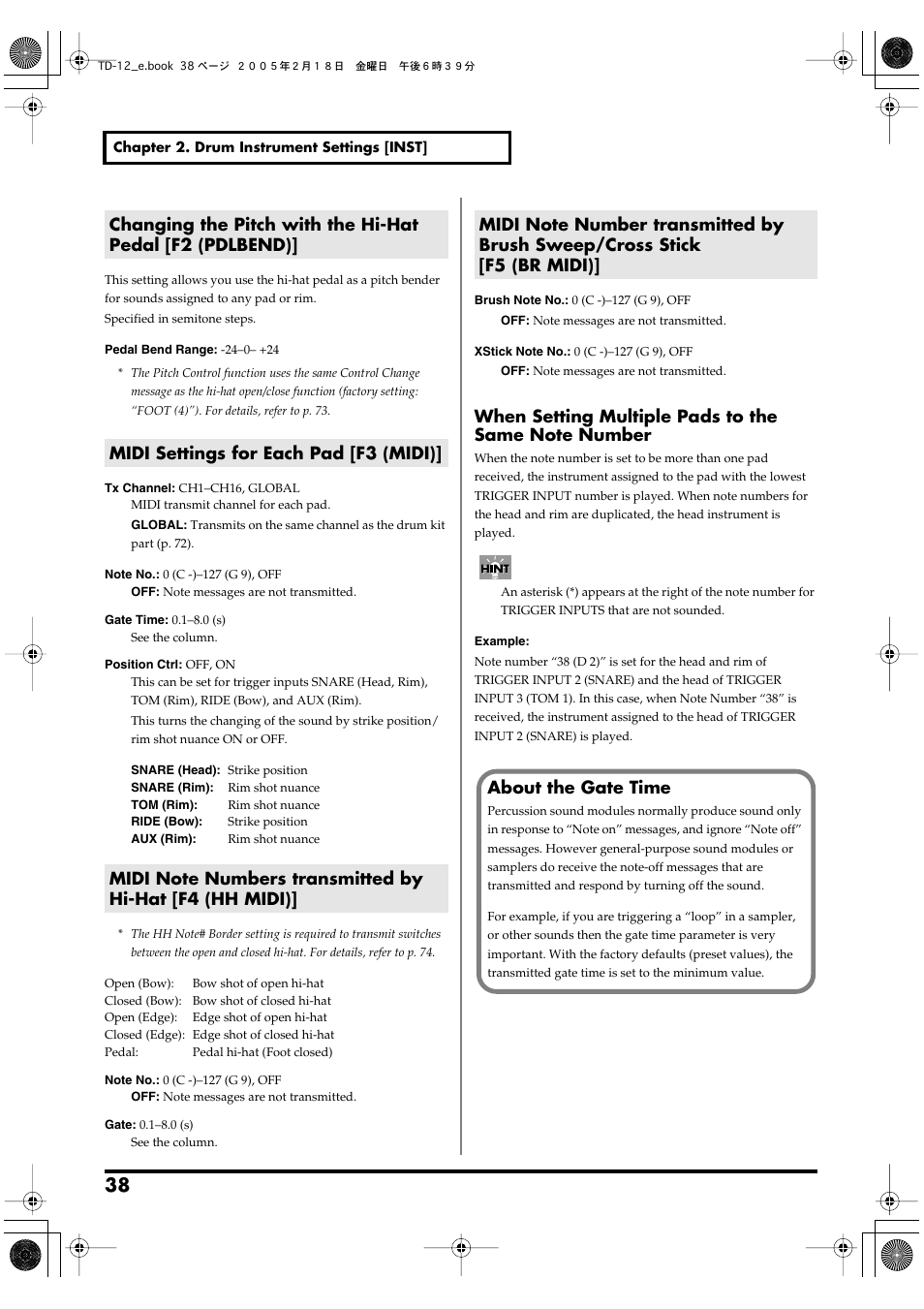 Midi settings for each pad [f3 (midi), Changing the, Pitch with the hi-hat ped- al [f2 (pdlbend) | P. 38), Midi settings for, Each pad [f3 (midi), Midi note num, Bers transmitted by hi- hat [f4 (hh midi) | Roland TD-12 User Manual | Page 38 / 108