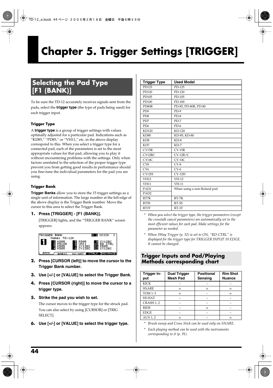 Chapter 5. trigger settings [trigger, Selecting the pad type [f1 (bank), For access to trigger parameters (p. 44) | Roland TD-12 User Manual | Page 44 / 108