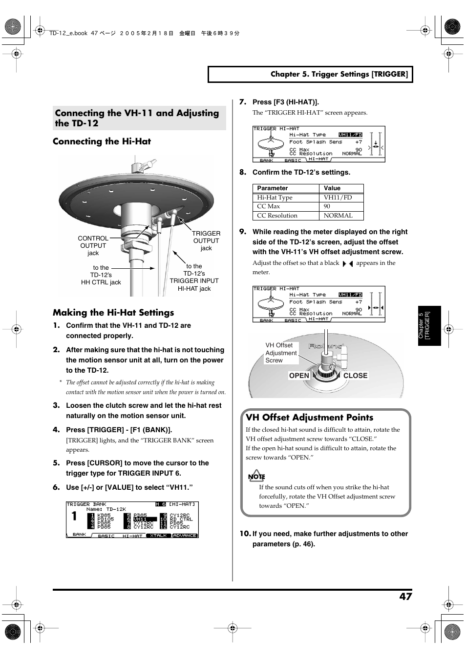 Connecting the vh-11 and adjusting the td-12, Connecting the hi-hat, Making the hi-hat settings | Vh offset adjustment points | Roland TD-12 User Manual | Page 47 / 108